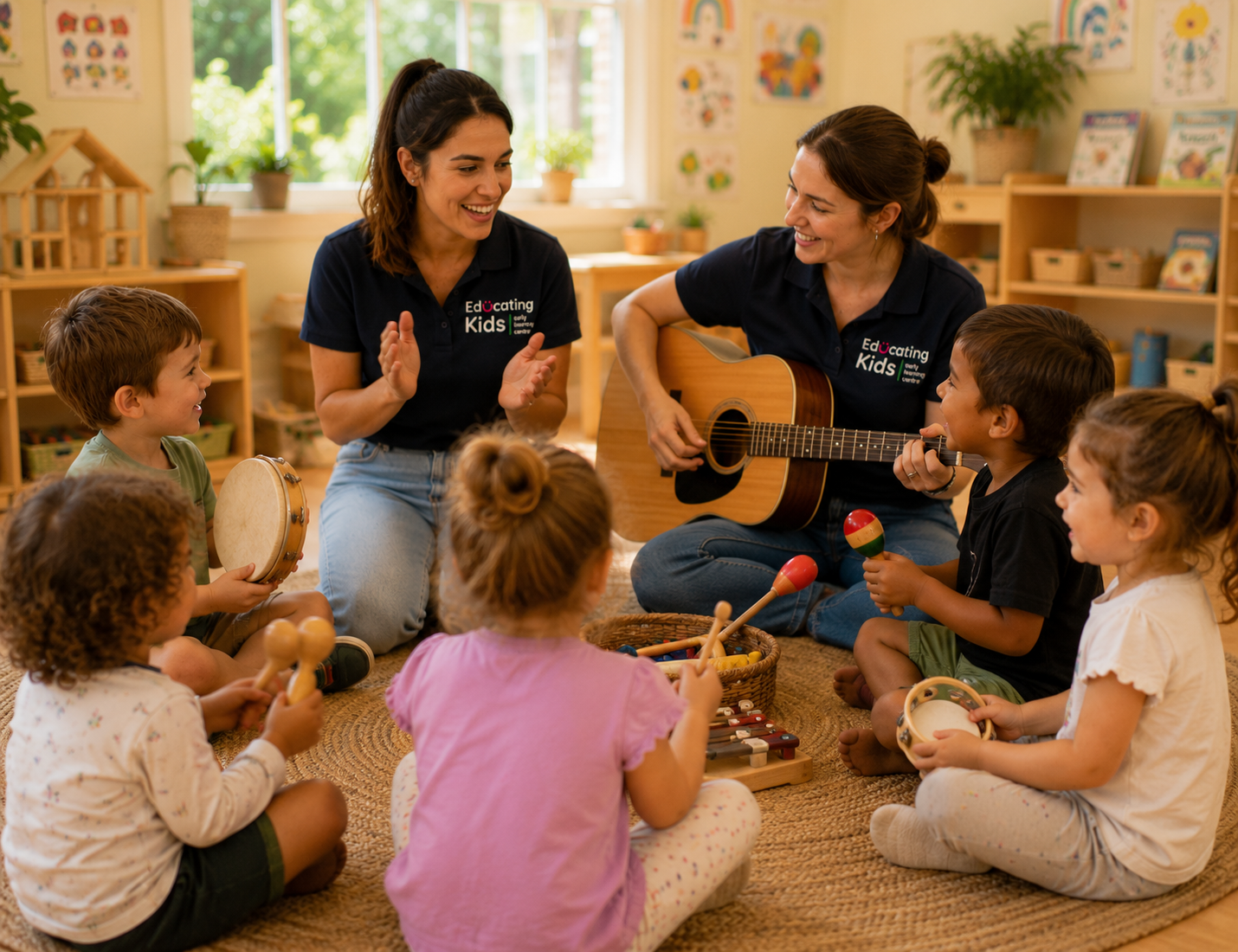 Educators playing music and singing with young children in a bright early learning room